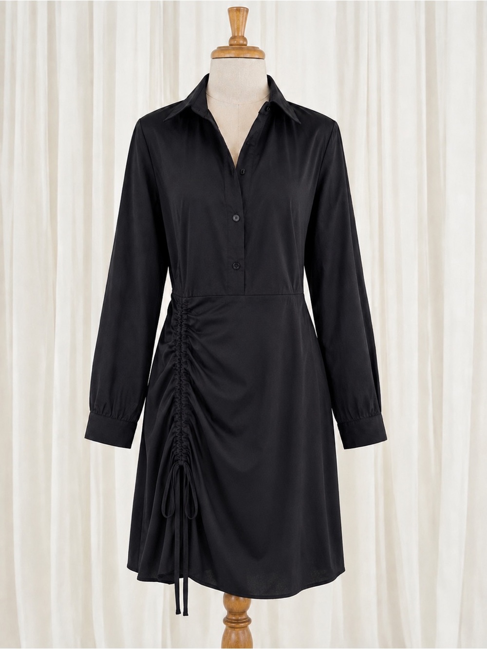Black Long-Sleeve Shirt Dress with Side Drawstring